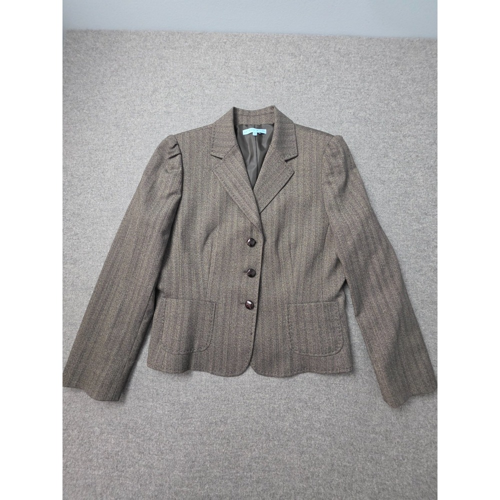 Antonio Melani Herringbone Blazer Women 14 Brown Wool Blend Single Breasted